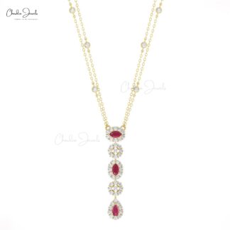 Dangle Drop Diamond Necklace With 0.63 Ct Burma Ruby Halo Lariat Halo Necklace In 14k Gold