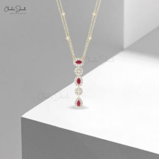 Dangle Drop Diamond Necklace With 0.63 Ct Burma Ruby Halo Lariat Halo Necklace In 14k Gold