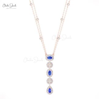Halo Diamond Lariat Necklace With 0.63 Ct Tanzanite Prong Set In 14k Gold Bridal Necklace