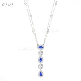 Halo Diamond Lariat Necklace With 0.63 Ct Tanzanite Prong Set In 14k Gold Bridal Necklace