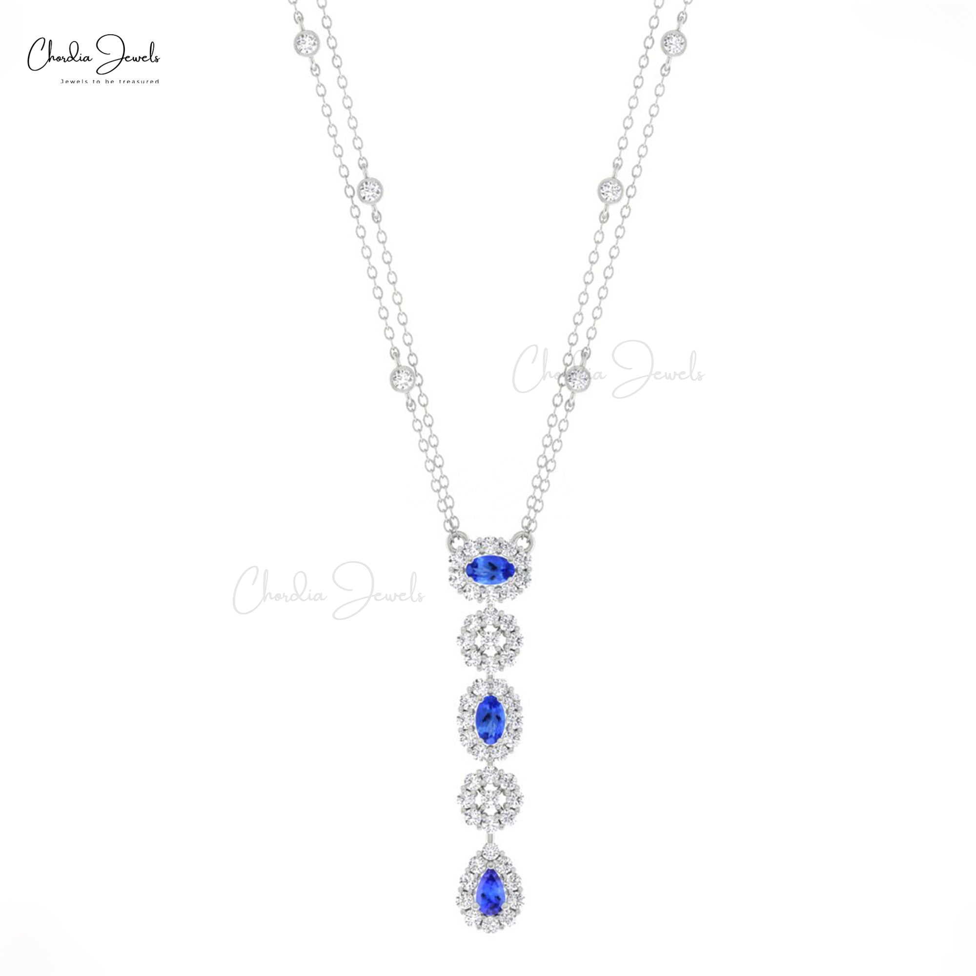 Halo Diamond Lariat Necklace With 0.63 Ct Tanzanite Prong Set In 14k Gold Bridal Necklace