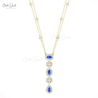Halo Diamond Lariat Necklace With 0.63 Ct Tanzanite Prong Set In 14k Gold Bridal Necklace