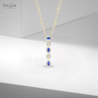 Halo Diamond Lariat Necklace With 0.63 Ct Tanzanite Prong Set In 14k Gold Bridal Necklace