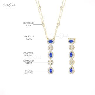 Halo Diamond Lariat Necklace With 0.63 Ct Tanzanite Prong Set In 14k Gold Bridal Necklace