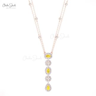 Multi Halo Lariat Chain Necklace In 14k Real Gold Yellow Sapphire Diamond Jewelry For Her