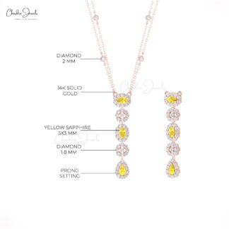 Multi Halo Lariat Chain Necklace In 14k Real Gold Yellow Sapphire Diamond Jewelry For Her