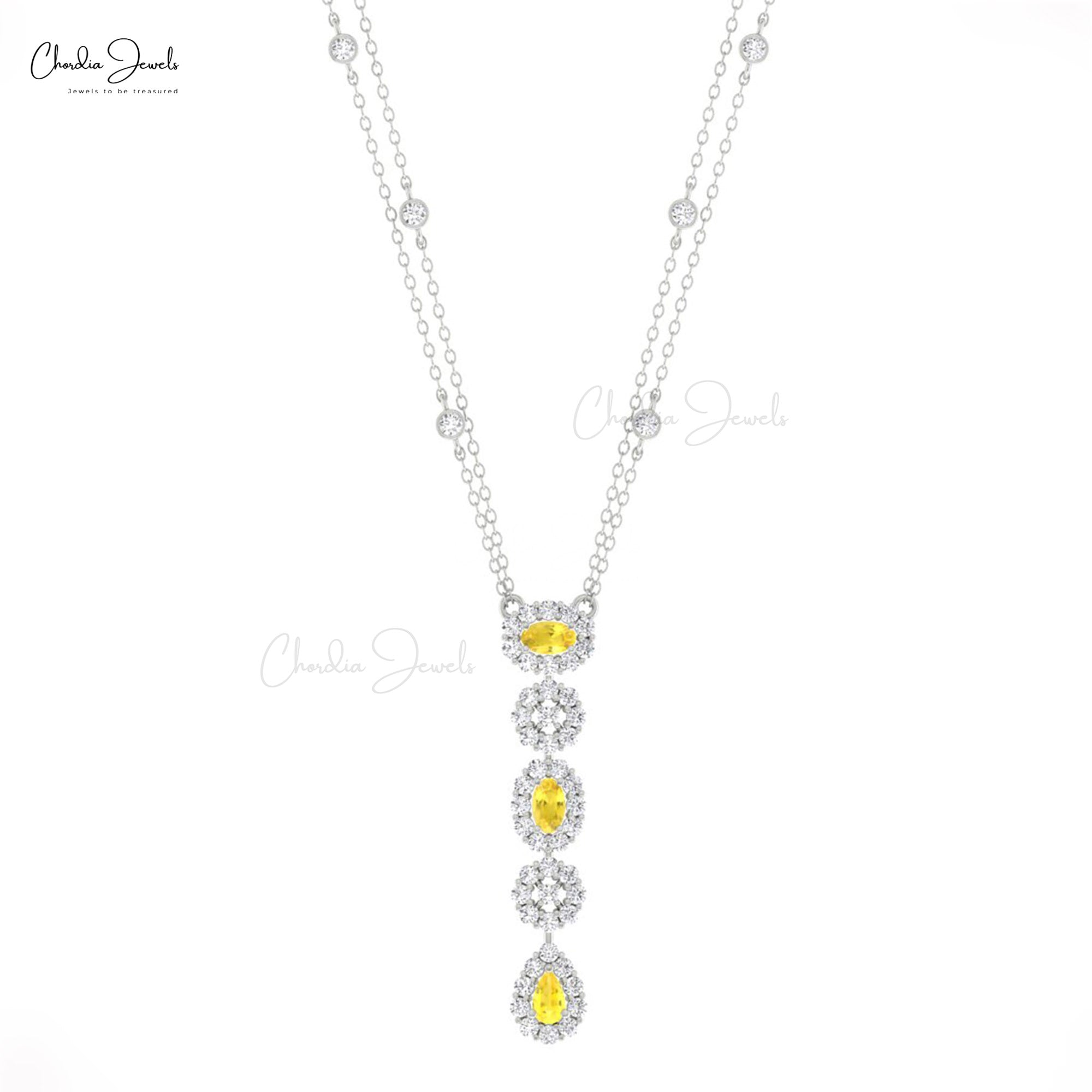 Multi Halo Lariat Chain Necklace In 14k Real Gold Yellow Sapphire Diamond Jewelry For Her