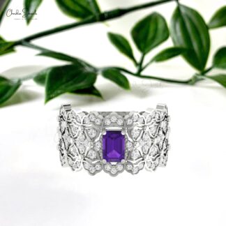 Real 14k Gold Cluster Diamond Ring With 0.6 Ct Amethyst February Birthstone Cocktail Ring