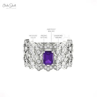 Real 14k Gold Cluster Diamond Ring With 0.6 Ct Amethyst February Birthstone Cocktail Ring