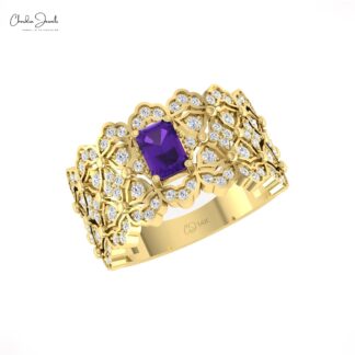 Real 14k Gold Cluster Diamond Ring With 0.6 Ct Amethyst February Birthstone Cocktail Ring