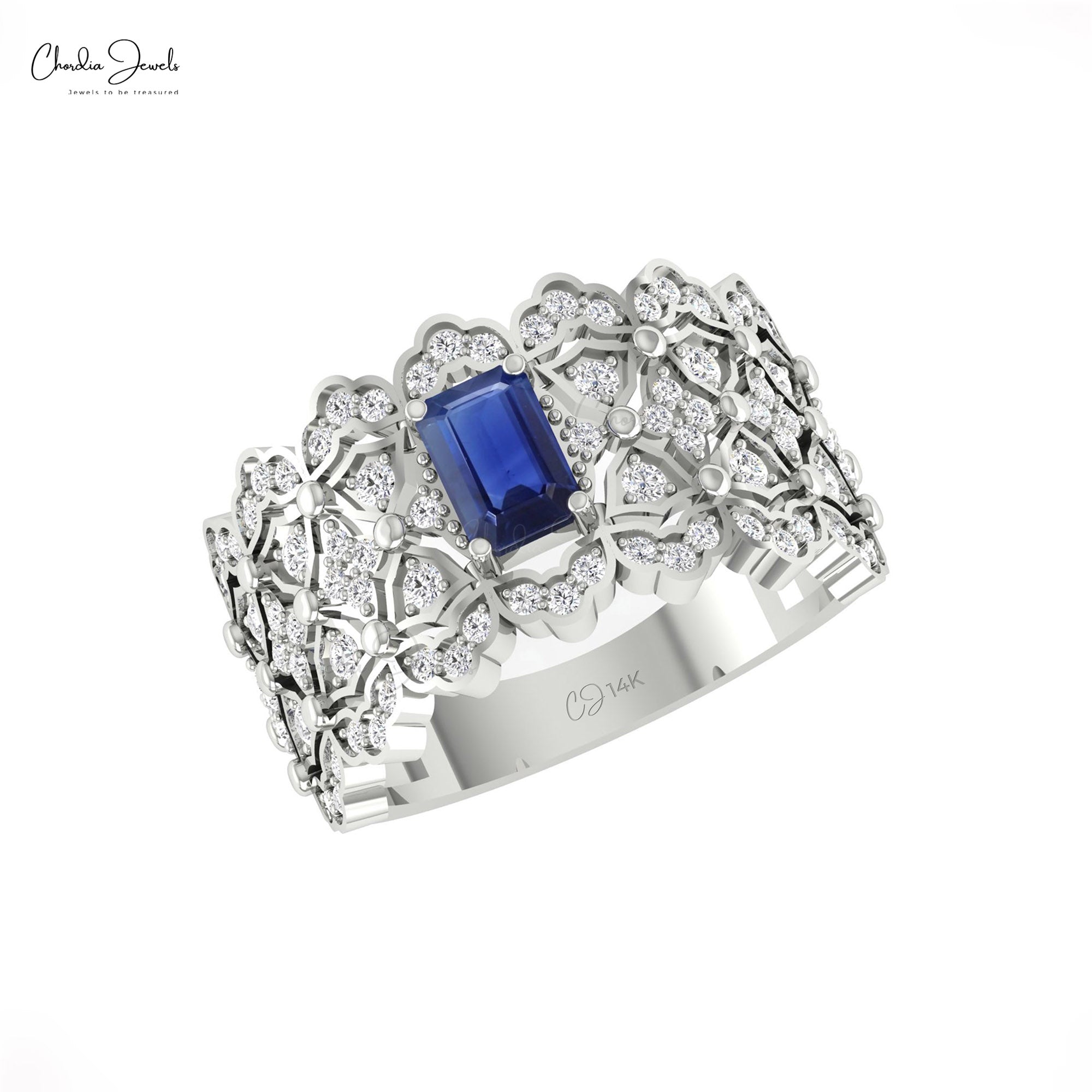 Statement Wedding Ring With 6x4mm Blue Sapphire And Diamond 14k Real Gold Cocktail Ring