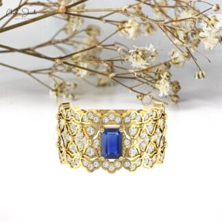 Statement Wedding Ring With 6x4mm Blue Sapphire And Diamond 14k Real Gold Cocktail Ring