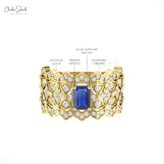 Statement Wedding Ring With 6x4mm Blue Sapphire And Diamond 14k Real Gold Cocktail Ring