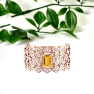 Natural Citrine Statement Ring In Pure 14k Gold G-H Diamond And Gemstone Fine Jewelry