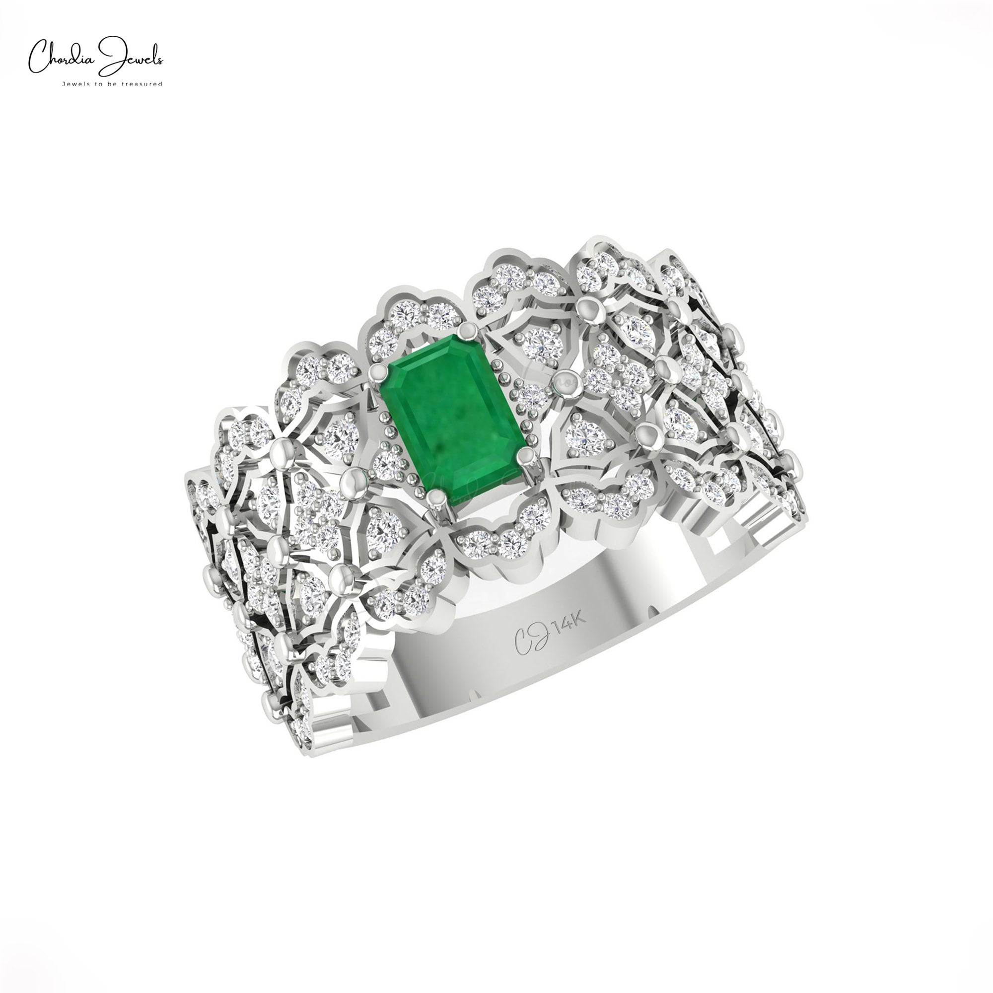 Cluster Diamond Cocktail Ring With 0.6 Ct Emerald Prong Set In 14k Pure Gold Rings For Her