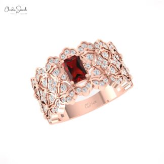 Gemstone Cocktail Ring In Pure 14k Gold Red Garnet And Pave Diamond Statement Rings