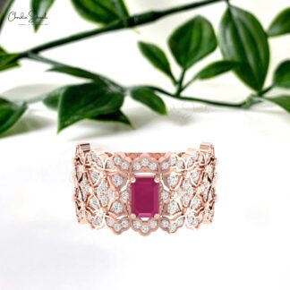 Signature Cocktail Wedding Ring In 14k Real Gold Ruby 6x4mm Gemstone Diamond Women Rings