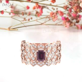 Cocktail Diamond Wedding Ring With 6x4mm Rhodolite Garnet 14k Solid Gold Hallmark Ring