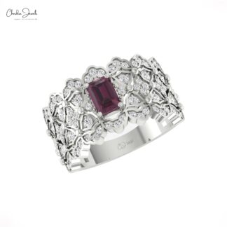 Cocktail Diamond Wedding Ring With 6x4mm Rhodolite Garnet 14k Solid Gold Hallmark Ring