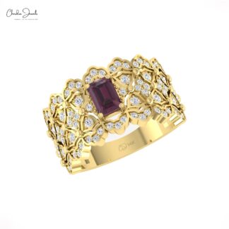 Cocktail Diamond Wedding Ring With 6x4mm Rhodolite Garnet 14k Solid Gold Hallmark Ring