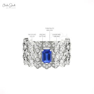 Octagon Tanzanite Statement Ring In 14k Pure Gold G-H Diamond Cocktail Rings For Her