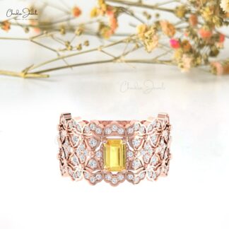 Octagon Cocktail Unique Ring In 14k Pure Gold Yellow Sapphire Diamond Anniversary Rings