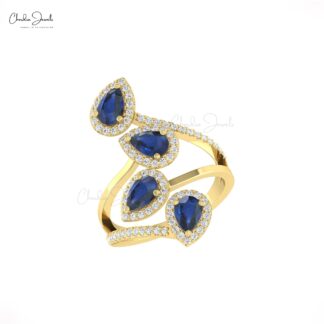 Multi Halo Gemstone Ring In 14k Solid Gold Blue Sapphire And G-H Diamond Cocktail Ring
