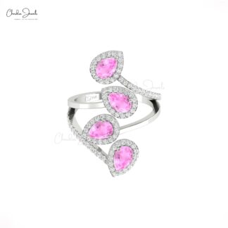 Cocktail Leaf Wedding Ring With 6x4mm Pink Sapphire Halo Diamond Rings In 14k Real Gold