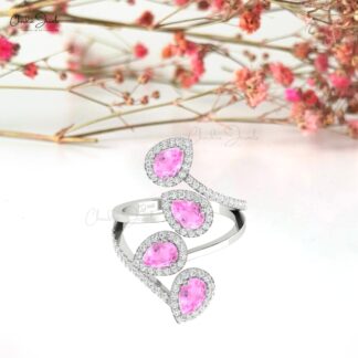 Cocktail Leaf Wedding Ring With 6x4mm Pink Sapphire Halo Diamond Rings In 14k Real Gold