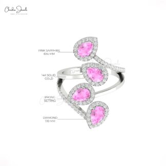 Cocktail Leaf Wedding Ring With 6x4mm Pink Sapphire Halo Diamond Rings In 14k Real Gold