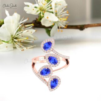 Leaf Style Cocktail Ring In Solid 14k Gold Tanzanite 6x4mm Pear And Diamond Halo Ring