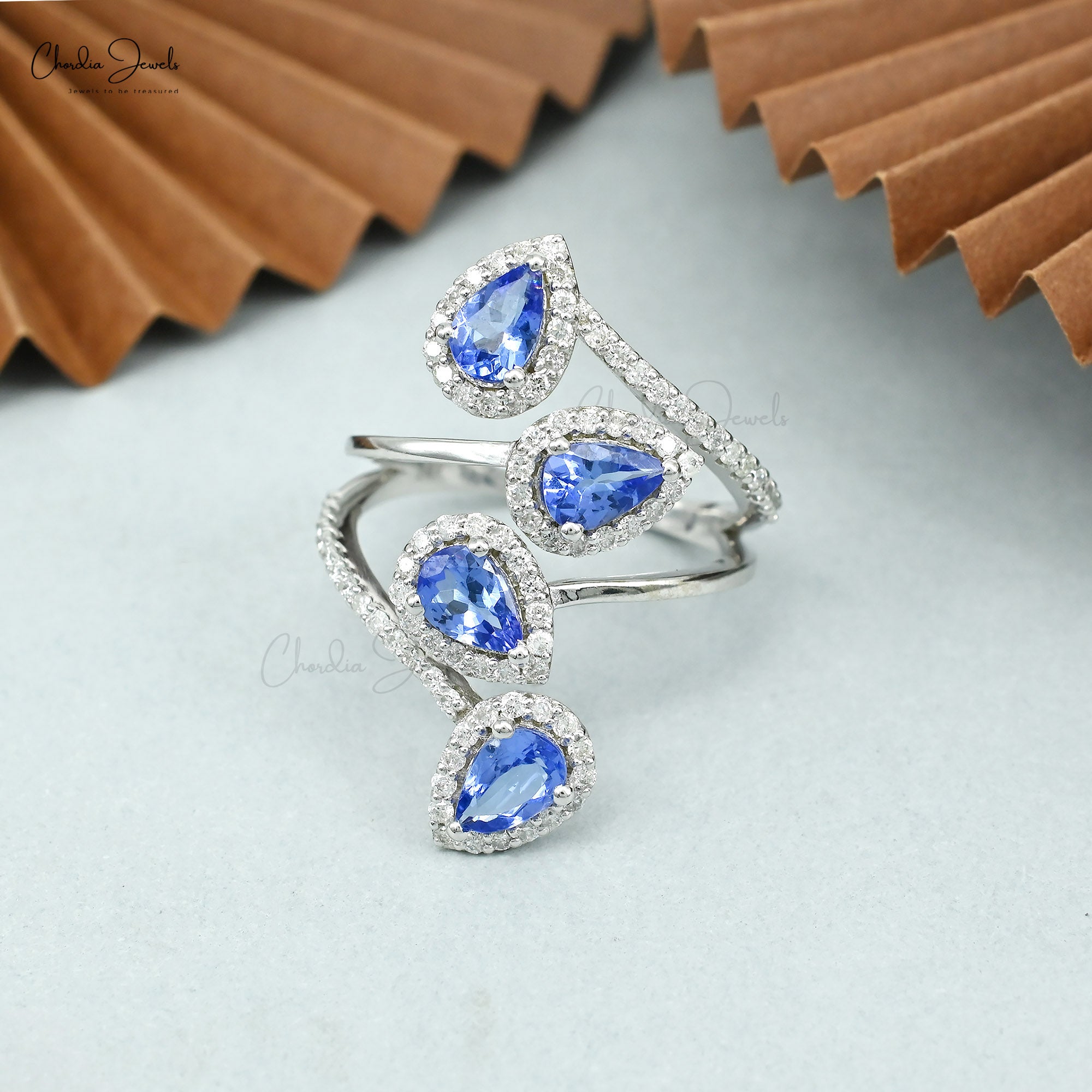 Cocktail Multi Halo Ring In 14k Real White Gold Tanzanite 6x4mm And Diamond Wedding Rings