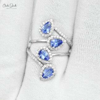 Cocktail Multi Halo Ring In 14k Real White Gold Tanzanite 6x4mm And Diamond Wedding Rings