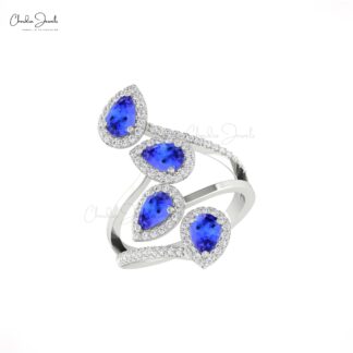 Leaf Style Cocktail Ring In Solid 14k Gold Tanzanite 6x4mm Pear And Diamond Halo Ring