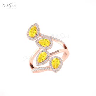 AAA Yellow Sapphire Statement Ring With Halo Diamond Pave In 14k Pure Gold Leaf Rings