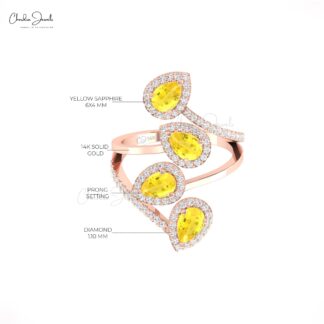 AAA Yellow Sapphire Statement Ring With Halo Diamond Pave In 14k Pure Gold Leaf Rings