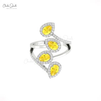 AAA Yellow Sapphire Statement Ring With Halo Diamond Pave In 14k Pure Gold Leaf Rings