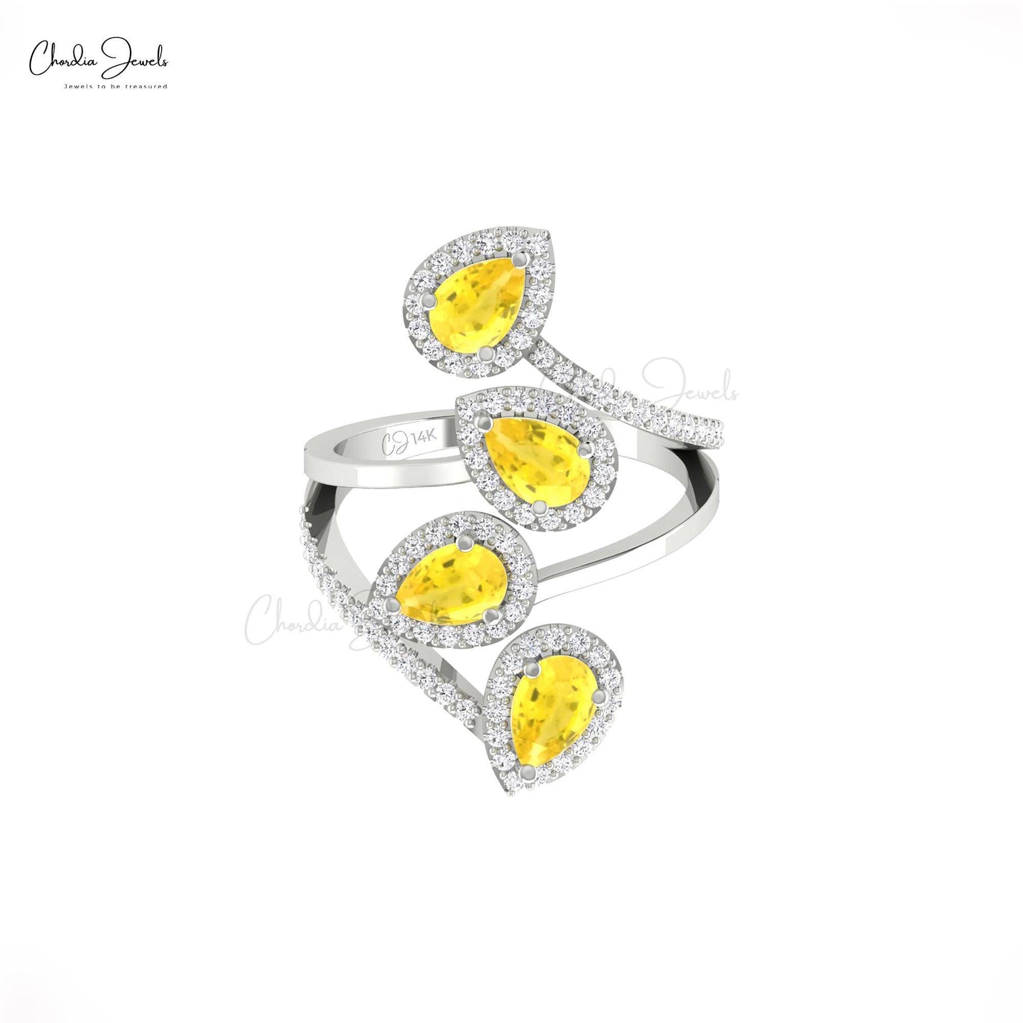 AAA Yellow Sapphire Statement Ring With Halo Diamond Pave In 14k Pure Gold Leaf Rings