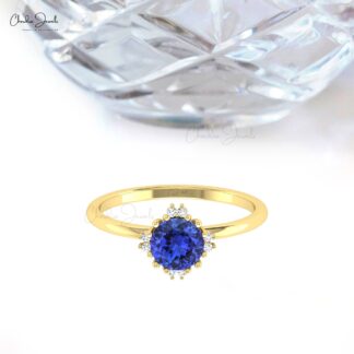 Brilliant Cut Cluster Ring In Real 14k Gold Tanzanite And G-H Diamond Promise Rings