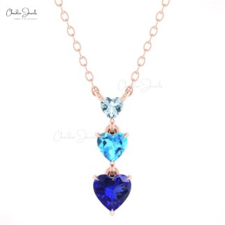 Dangle 3 Stone Necklace With 0.11 Ct Aquamarine And Tanzanite 14k Solid Gold Chain Necklace