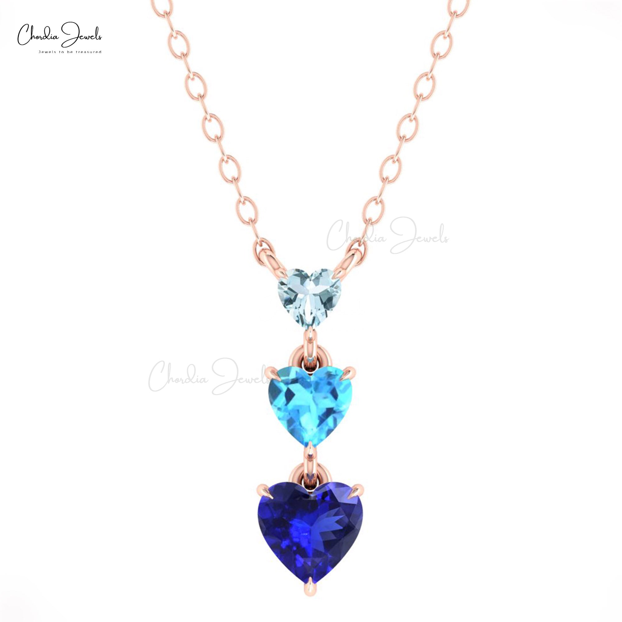Dangle 3 Stone Necklace With 0.11 Ct Aquamarine And Tanzanite 14k Solid Gold Chain Necklace