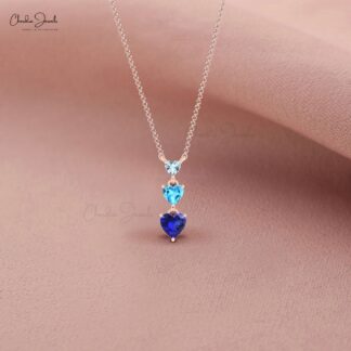 Dangle 3 Stone Necklace With 0.11 Ct Aquamarine And Tanzanite 14k Solid Gold Chain Necklace