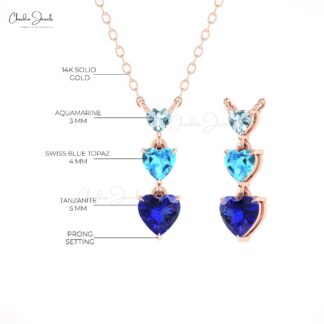 Dangle 3 Stone Necklace With 0.11 Ct Aquamarine And Tanzanite 14k Solid Gold Chain Necklace