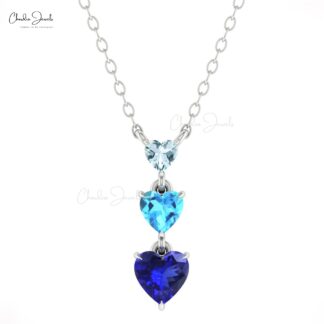 Dangle 3 Stone Necklace With 0.11 Ct Aquamarine And Tanzanite 14k Solid Gold Chain Necklace