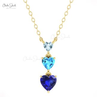 Dangle 3 Stone Necklace With 0.11 Ct Aquamarine And Tanzanite 14k Solid Gold Chain Necklace