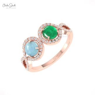 Two Halo Diamond Ring With 5mm Emerald And Aquamarine Gemstone Rings In 14k Real Gold