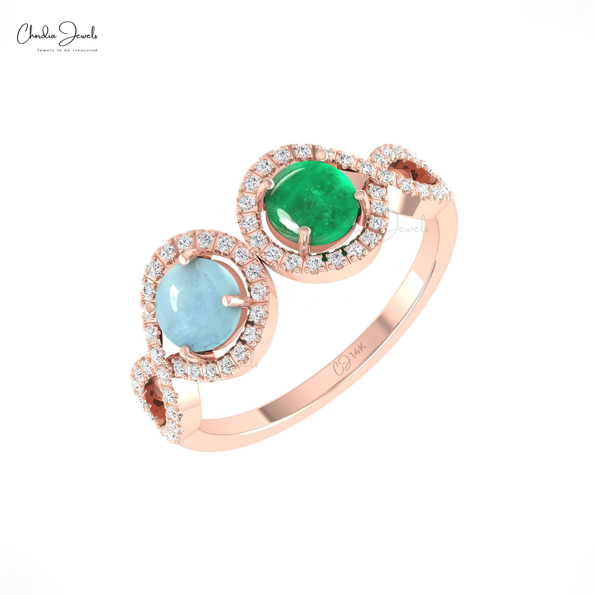 Two Halo Diamond Ring With 5mm Emerald And Aquamarine Gemstone Rings In 14k Real Gold