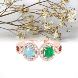 Two Halo Diamond Ring With 5mm Emerald And Aquamarine Gemstone Rings In 14k Real Gold