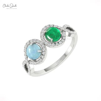 Two Halo Diamond Ring With 5mm Emerald And Aquamarine Gemstone Rings In 14k Real Gold