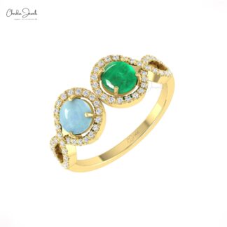 Two Halo Diamond Ring With 5mm Emerald And Aquamarine Gemstone Rings In 14k Real Gold